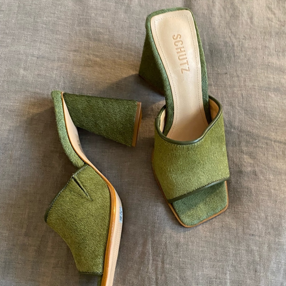 Schutz Olive Green Open-Toe Block Heel Mule - Picture 7 of 9